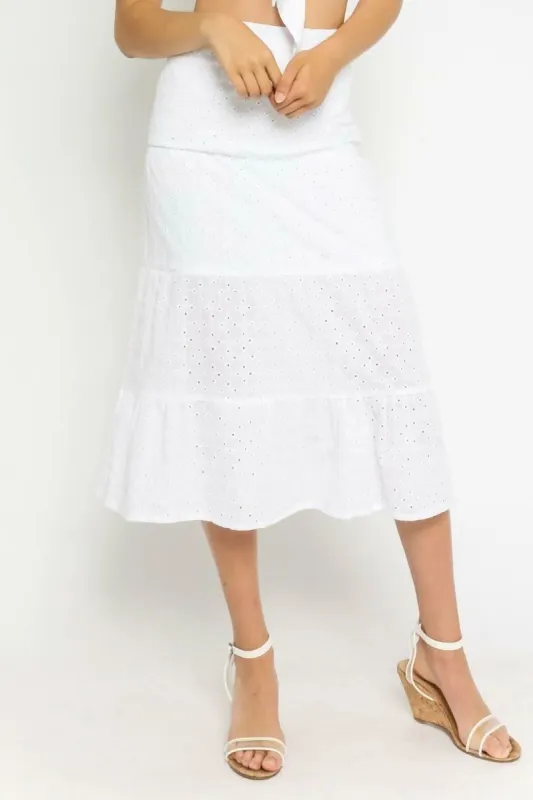 Take Me To Rhodes White Eyelet Midi Skirt sold by Boho Pink
