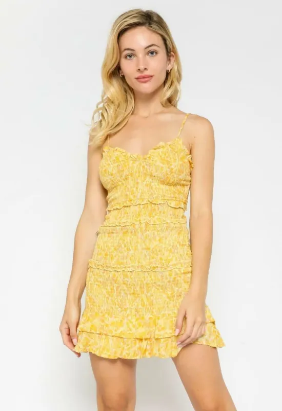 Rhea Yellow Snake Print Smocked Ruffle Mini Dress sold by Boho Pink