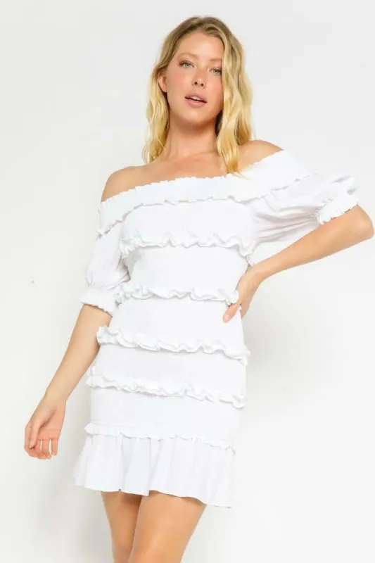 My Moment White Off-the-Shoulder Smocked Mini Dress sold by Boho Pink