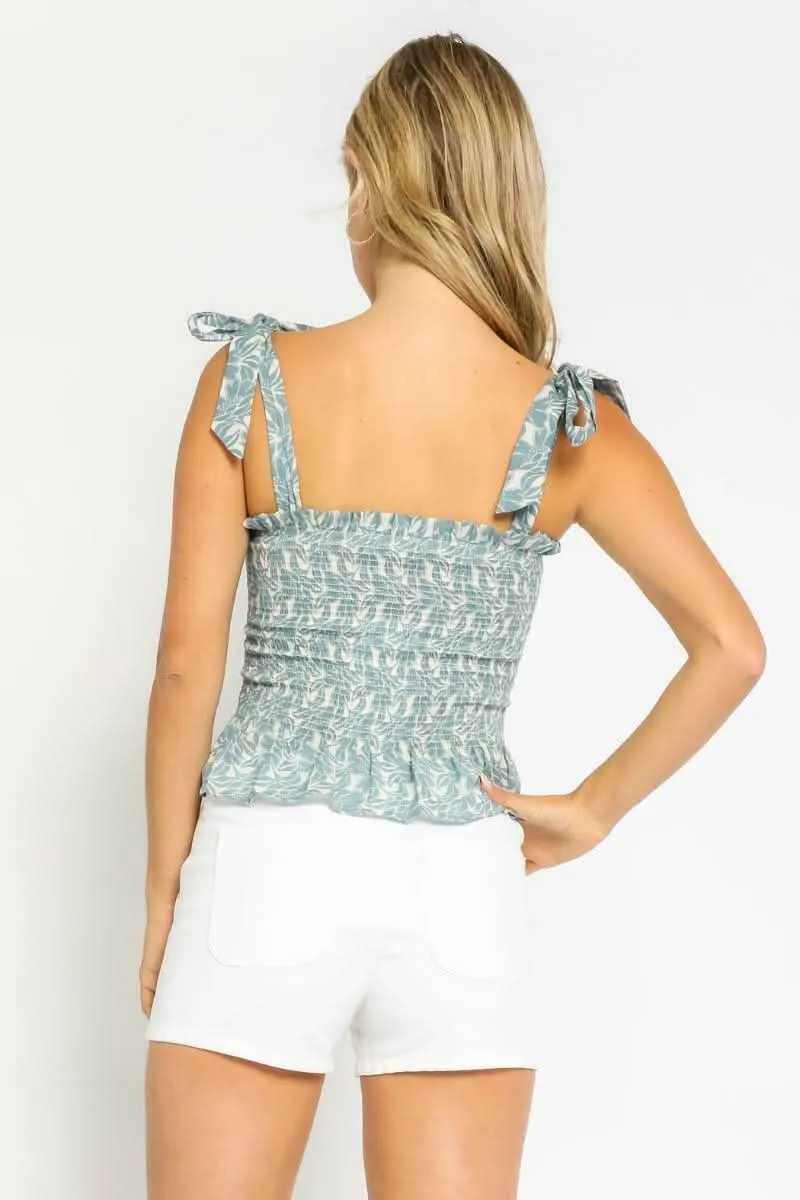 Ava Cream and Blue Floral Smocked Ruffled Tie Strap Top sold by Boho Pink product image thumbnail 2