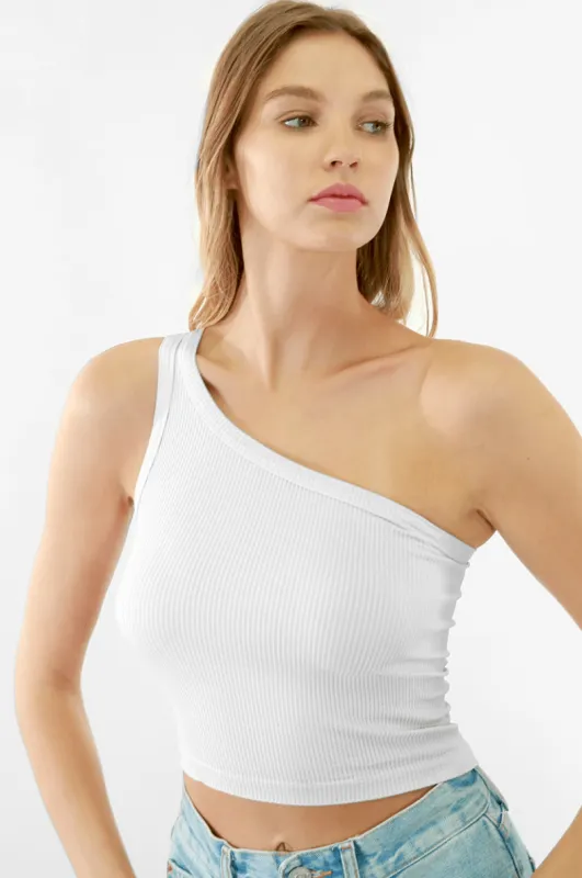 NIKIBIKI White Cropped One Shoulder Ribbed Tank sold by Boho Pink