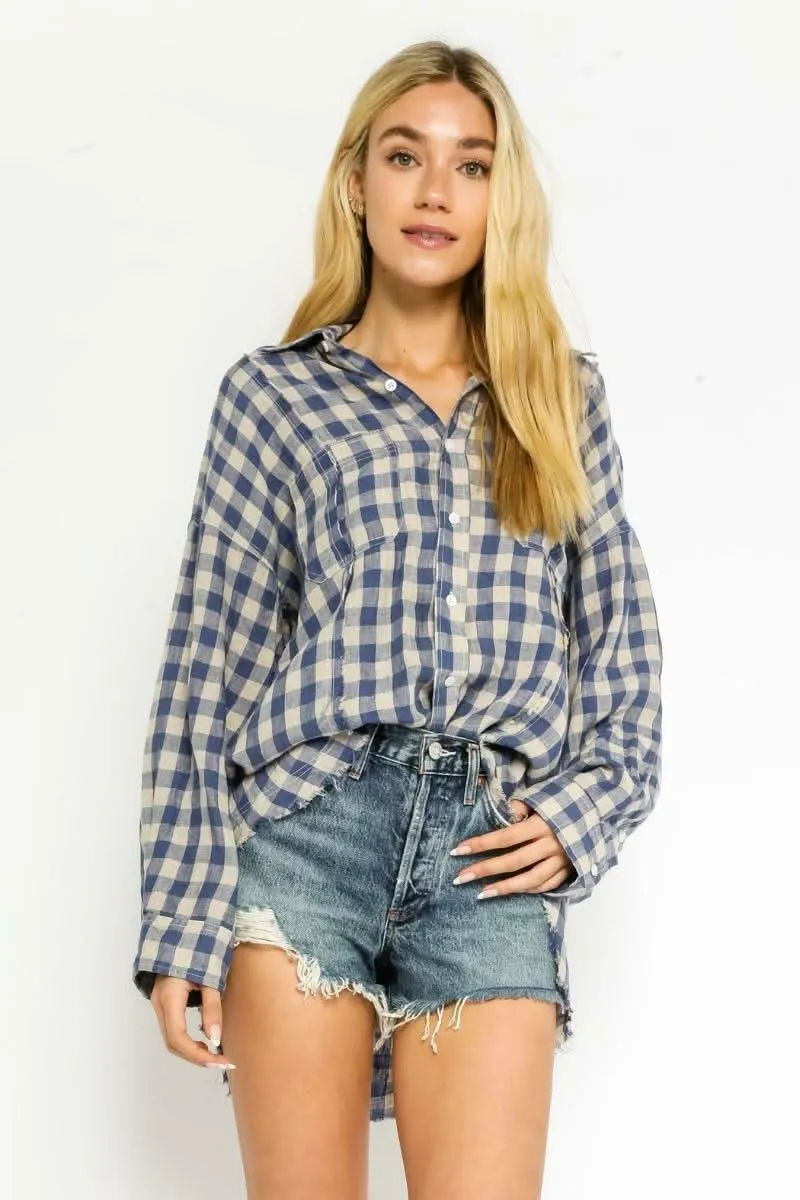 Taylor Blue Gingham Long Sleeve Button-Up Top sold by Boho Pink
