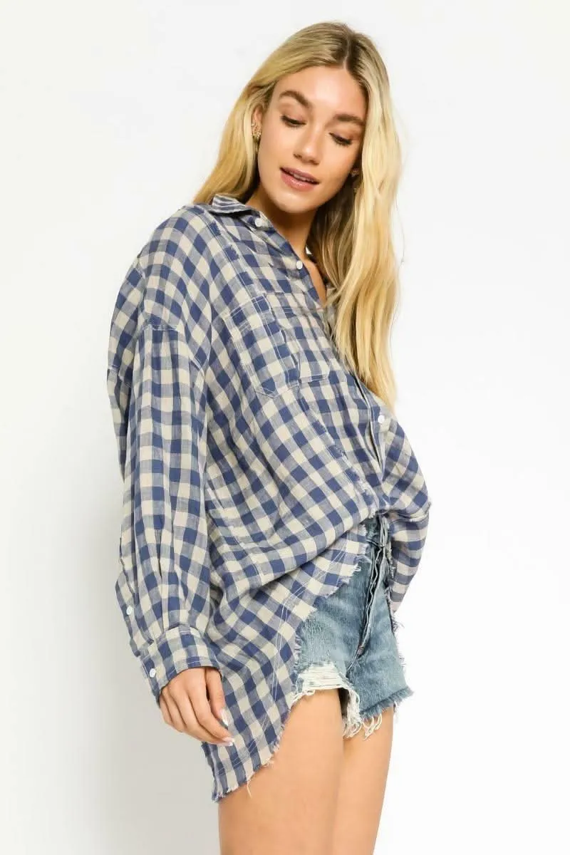 Taylor Blue Gingham Long Sleeve Button-Up Top sold by Boho Pink product image thumbnail 2