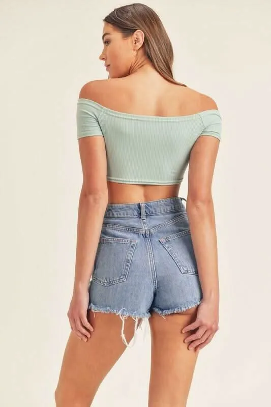 Bailey Sage Drawstring Off-the-Shoulder Crop Top sold by Boho Pink product image thumbnail 4