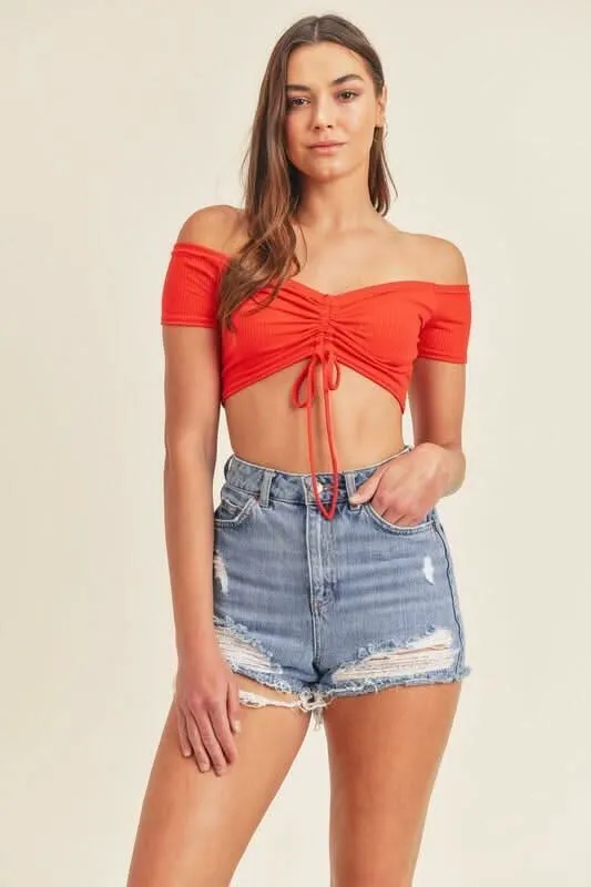 Bailey Red Drawstring Off-the-Shoulder Crop Top sold by Boho Pink