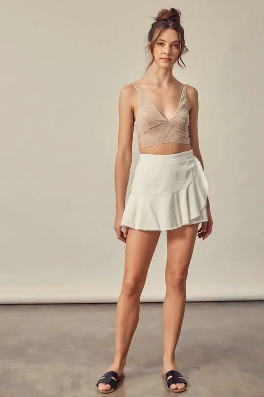Up-To-The-Minute White Denim Ruffle Wrap Mini Skort sold by Boho Pink product image thumbnail 4