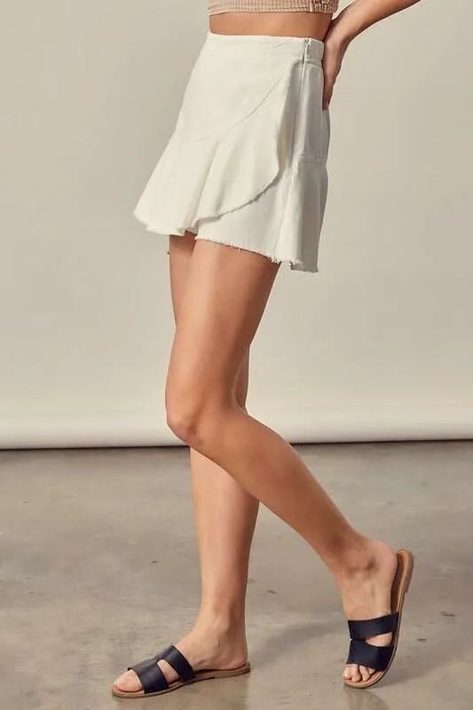 Up-To-The-Minute White Denim Ruffle Wrap Mini Skort sold by Boho Pink product image thumbnail 5