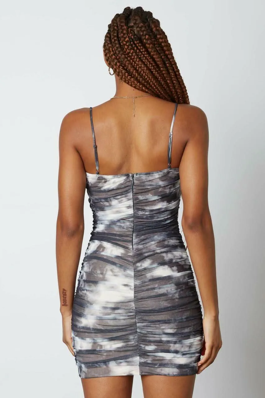All Mine Ivory and Indigo Tie-Dye Ruched Bodycon Dress sold by Boho Pink product image thumbnail 3