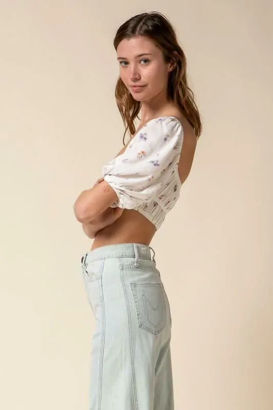 Get Sweeter Ivory Floral Print Puff Sleeve Crop Top sold by Boho Pink product image thumbnail 2