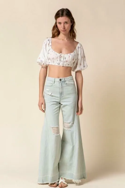 Get Sweeter Ivory Floral Print Puff Sleeve Crop Top sold by Boho Pink product image thumbnail 4