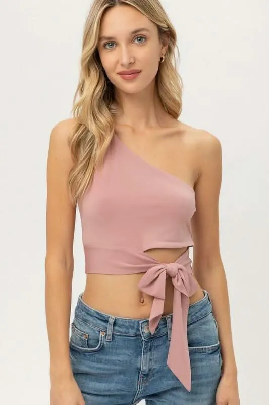 Zoe Mauve One-Shoulder Waist Tie Crop Top sold by Boho Pink