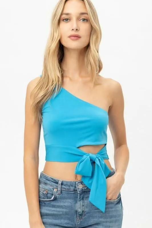 Zoe Turquoise Blue One-Shoulder Waist Tie Crop Top sold by Boho Pink