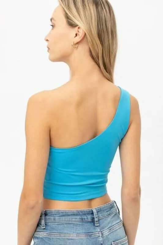Zoe Turquoise Blue One-Shoulder Waist Tie Crop Top sold by Boho Pink product image thumbnail 5