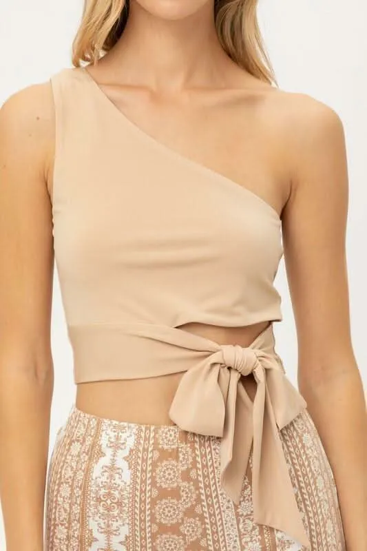 Zoe Taupe One-Shoulder Waist Tie Crop Top sold by Boho Pink product image thumbnail 3