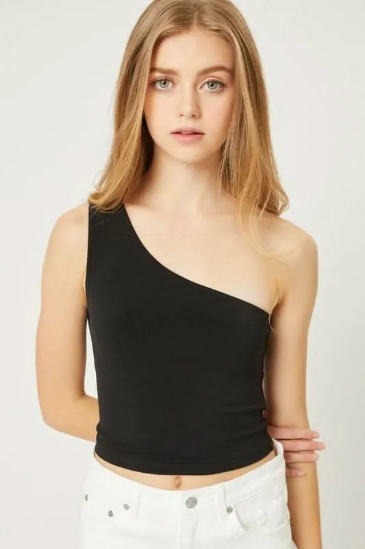 Elsa Black One-Shoulder Cropped Tank Top made by Love Tree