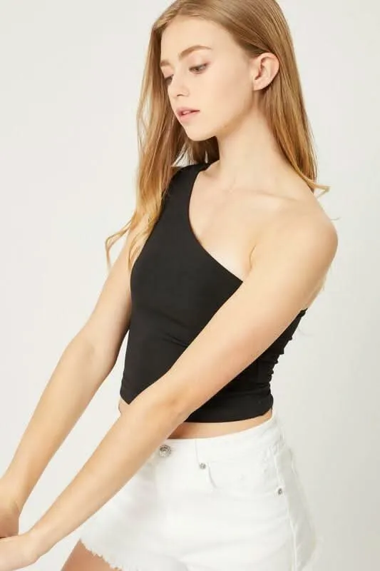 Elsa Black One-Shoulder Cropped Tank Top sold by Boho Pink product image thumbnail 5
