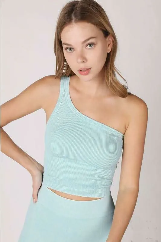 NIKIBIKI Vintage Aqua Cropped One Shoulder Ribbed Tank sold by Boho Pink