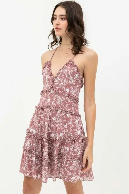 Gina Mauve and White Floral Ruffle Mini Dress sold by Boho Pink product image thumbnail 2