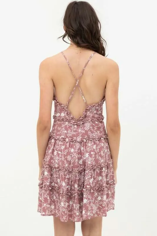 Gina Mauve and White Floral Ruffle Mini Dress sold by Boho Pink product image thumbnail 3