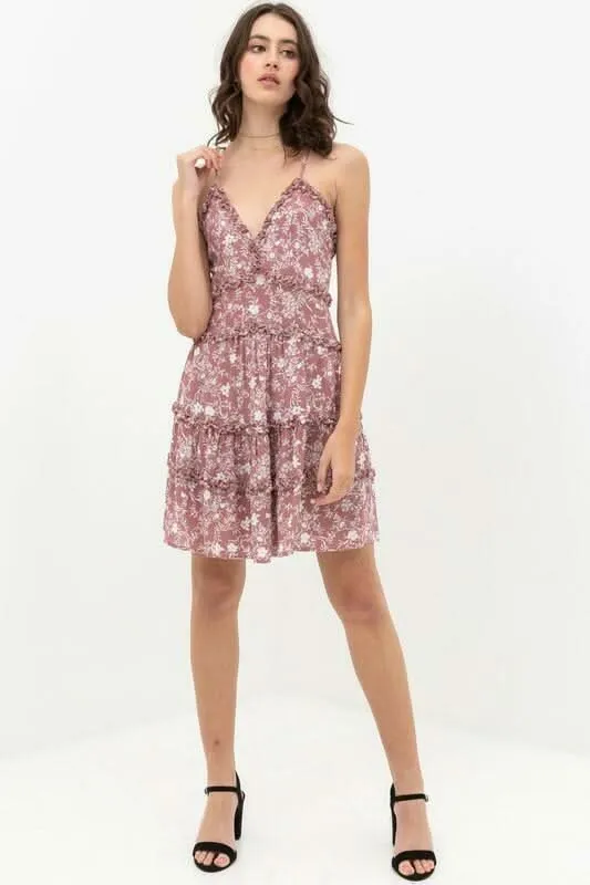 Gina Mauve and White Floral Ruffle Mini Dress sold by Boho Pink product image thumbnail 4