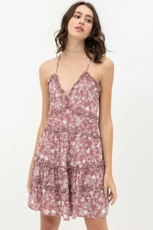 Gina Mauve and White Floral Ruffle Mini Dress sold by Boho Pink