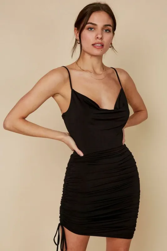Forever Love Black Ruched Bodycon Mini Dress sold by Boho Pink