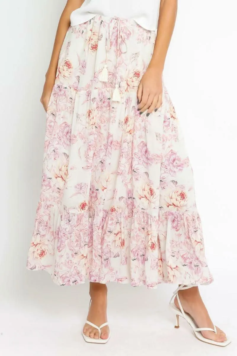 Daphne Ivory Floral Print Ruffle Midi Skirt sold by Boho Pink product image thumbnail 3