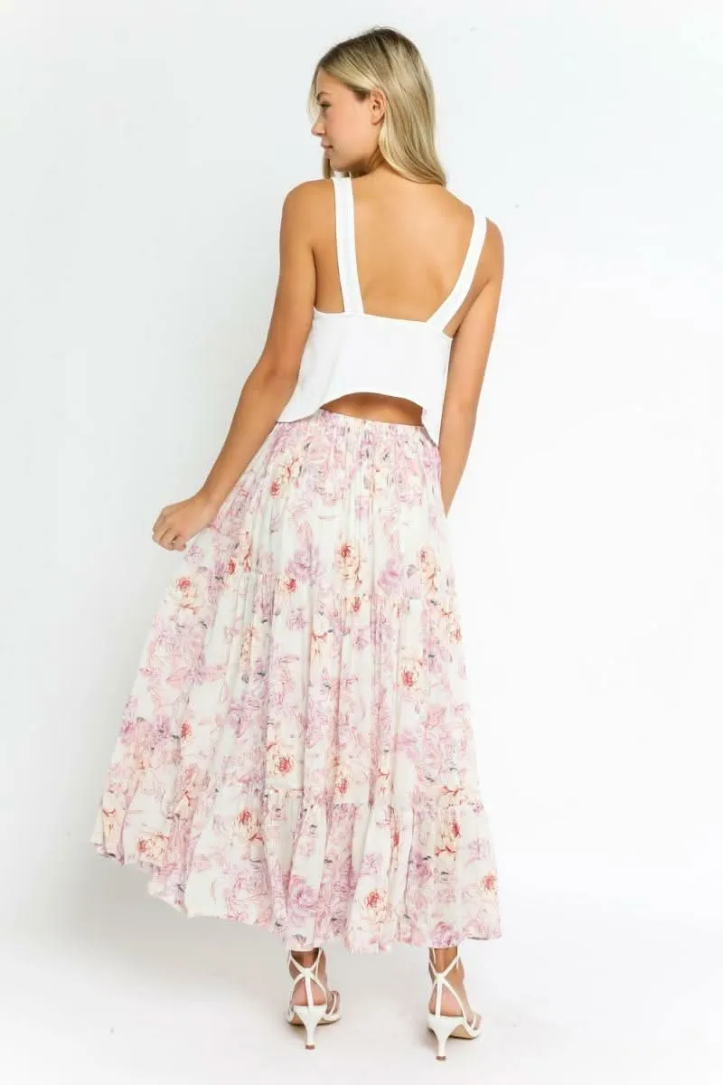 Daphne Ivory Floral Print Ruffle Midi Skirt sold by Boho Pink product image thumbnail 4