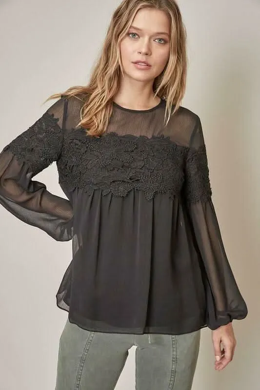 Priscilla Black Lace Long Sleeve Blouse sold by Boho Pink