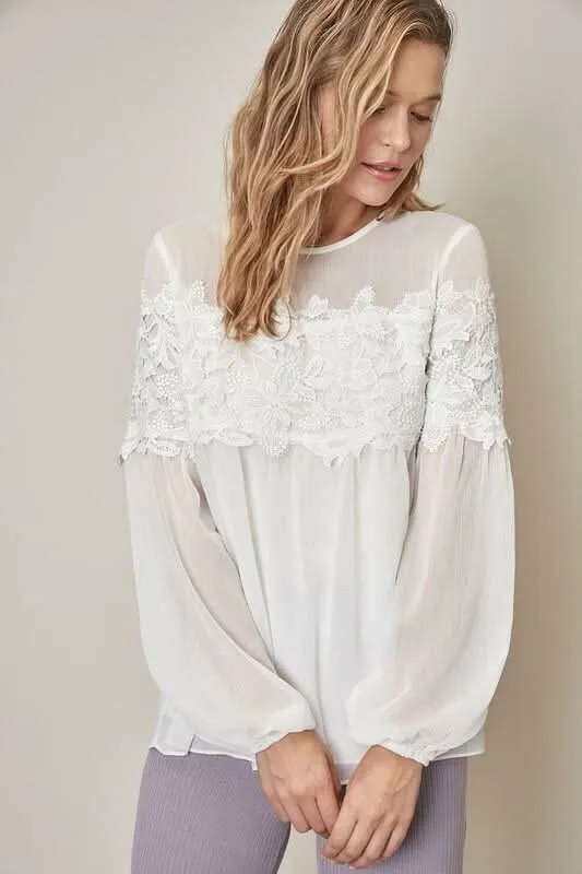 Priscilla White Lace Long Sleeve Blouse sold by Boho Pink