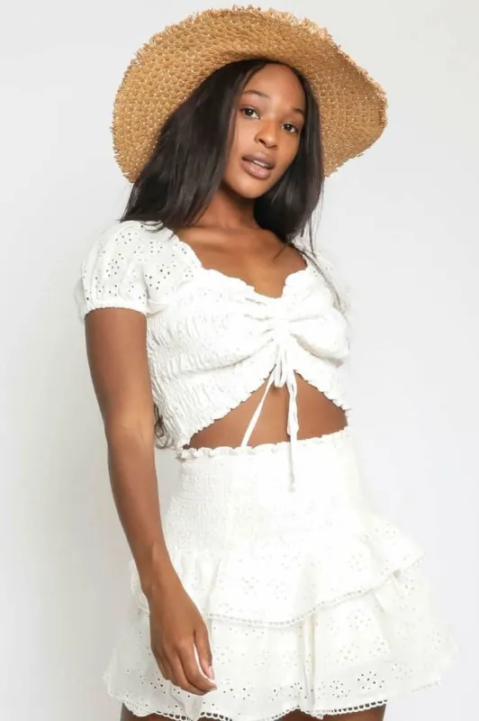 Daybreak White Eyelet Drawstring Crop Top made by Olivaceous