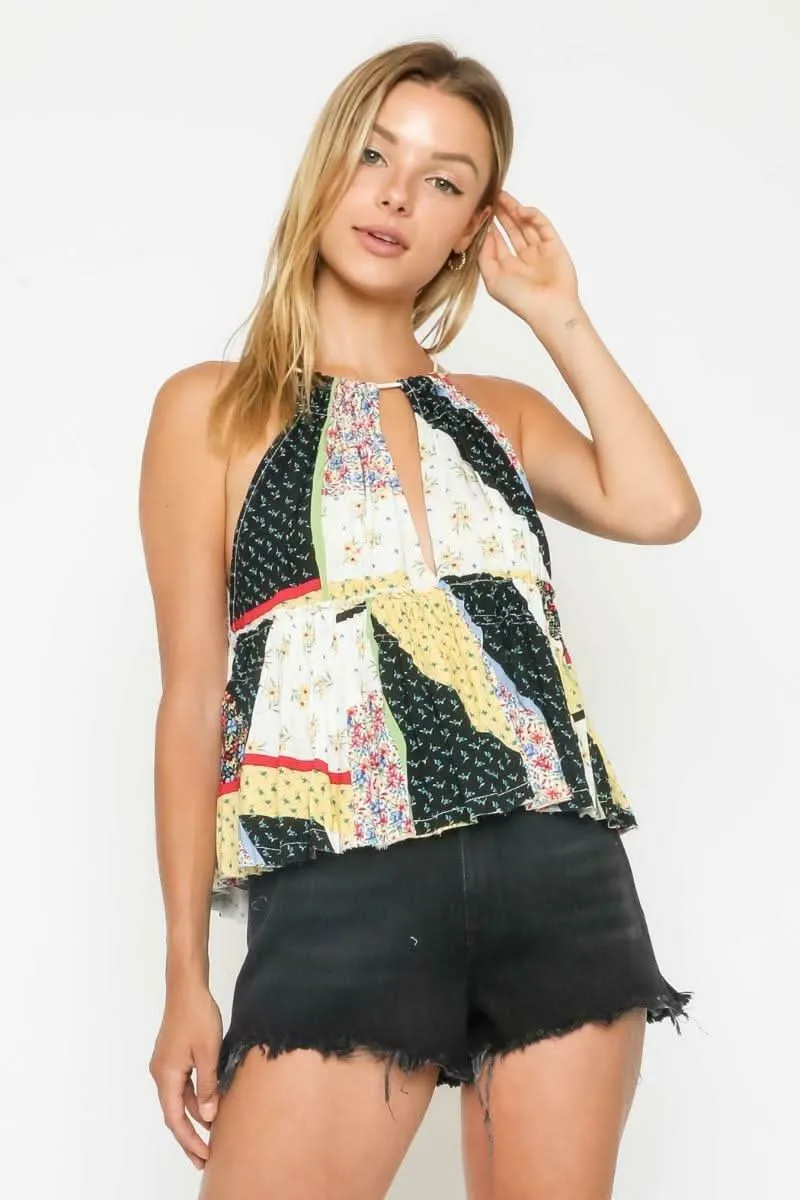 Summer Bliss Navy Patchwork Print Ruffle Halter Top sold by Boho Pink