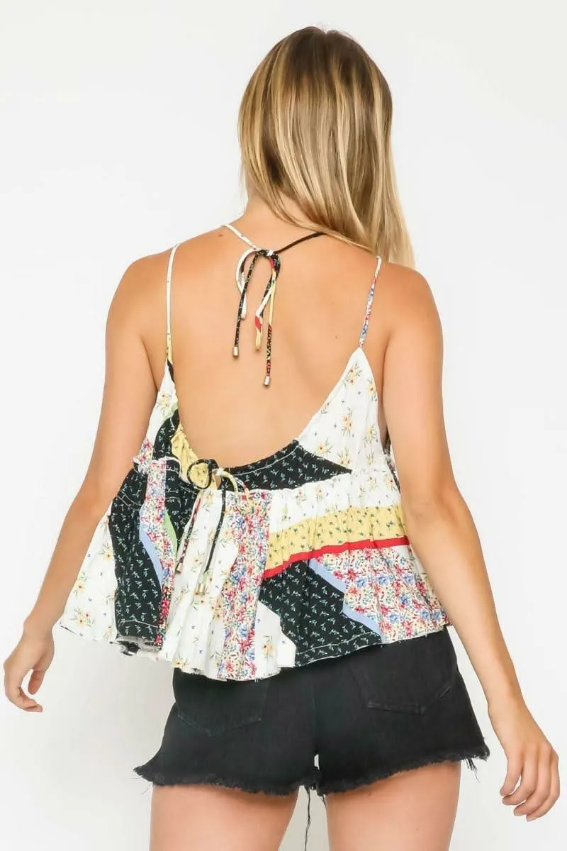 Summer Bliss Navy Patchwork Print Ruffle Halter Top sold by Boho Pink product image thumbnail 5