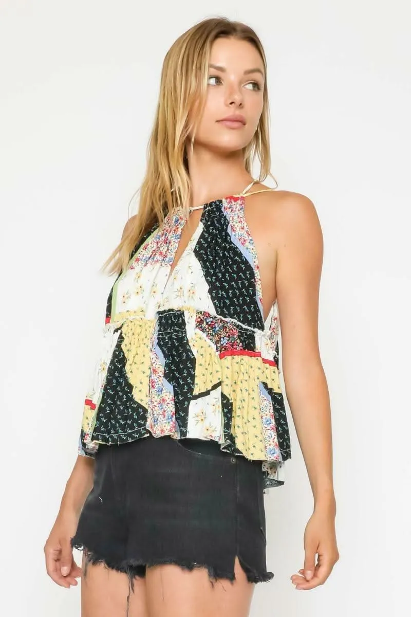 Summer Bliss Navy Patchwork Print Ruffle Halter Top sold by Boho Pink product image thumbnail 2