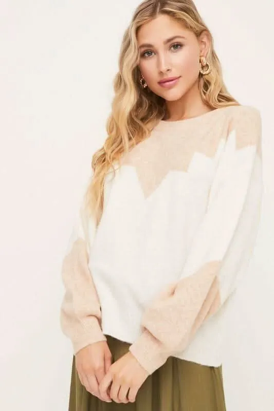 Just in Time Ivory and Blush Colorblock Crew Neck Sweater sold by Boho Pink