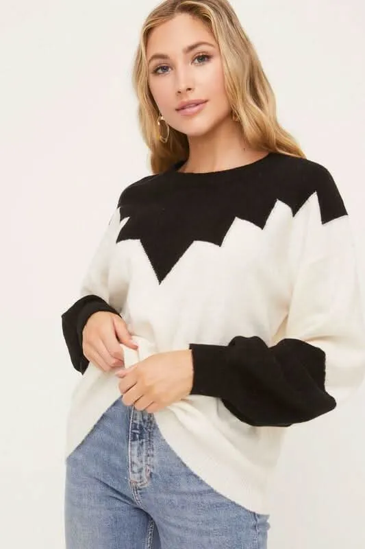 Just In Time Ivory and Black Colorblock Crew Neck Sweater sold by Boho Pink