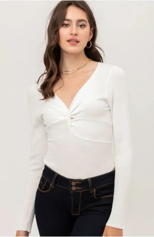 Kelli White Ribbed Long Sleeve Bodysuit sold by Boho Pink