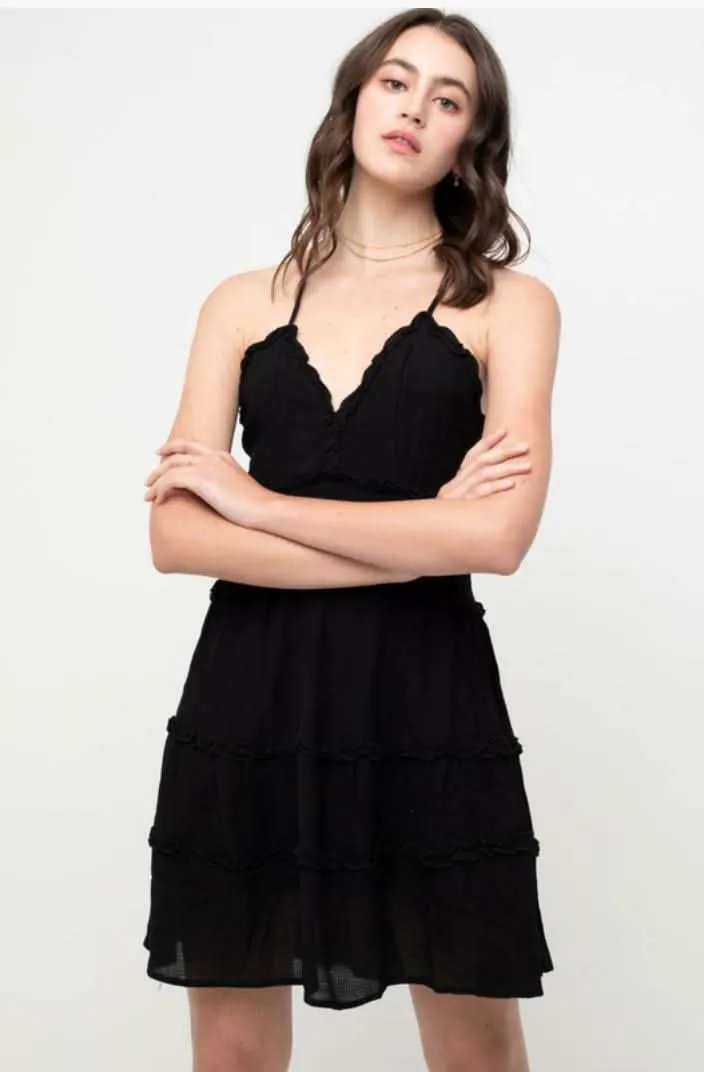 Gina Black Ruffle Mini Dress sold by Boho Pink