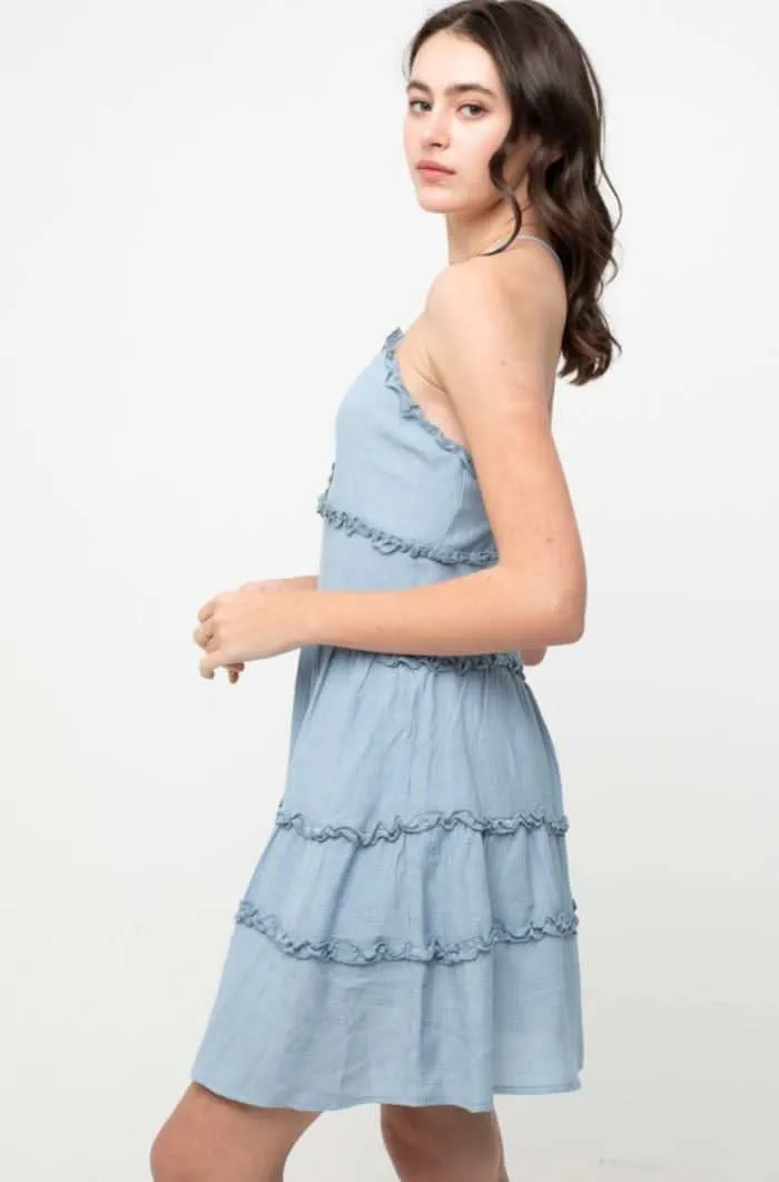 Gina Chambray Blue Ruffle Mini Dress sold by Boho Pink product image thumbnail 3