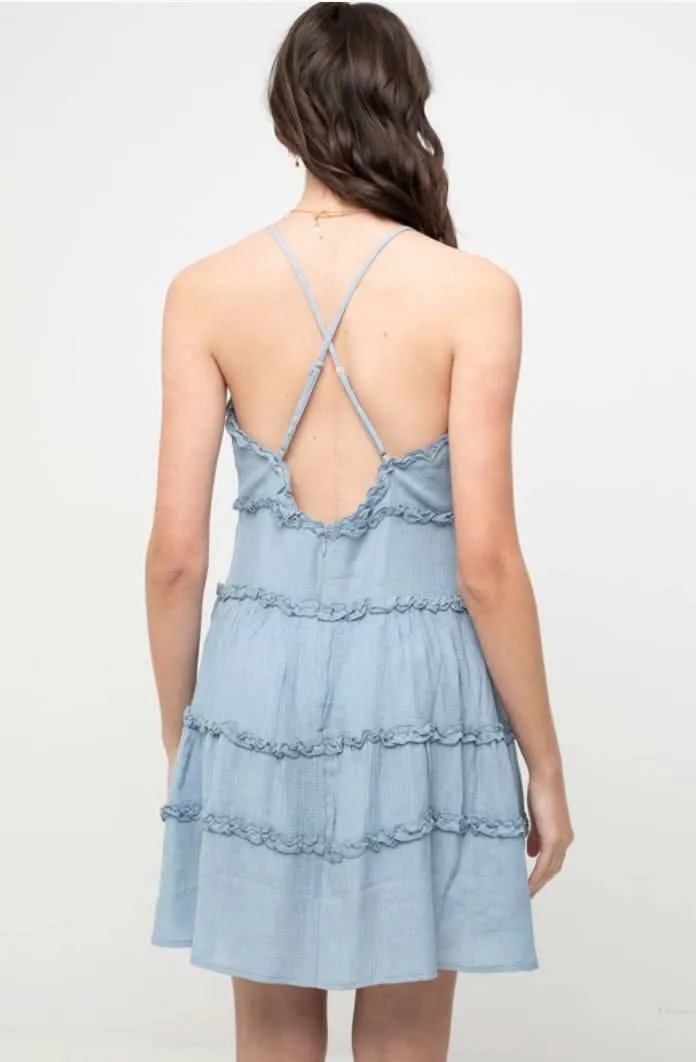 Gina Chambray Blue Ruffle Mini Dress sold by Boho Pink product image thumbnail 4