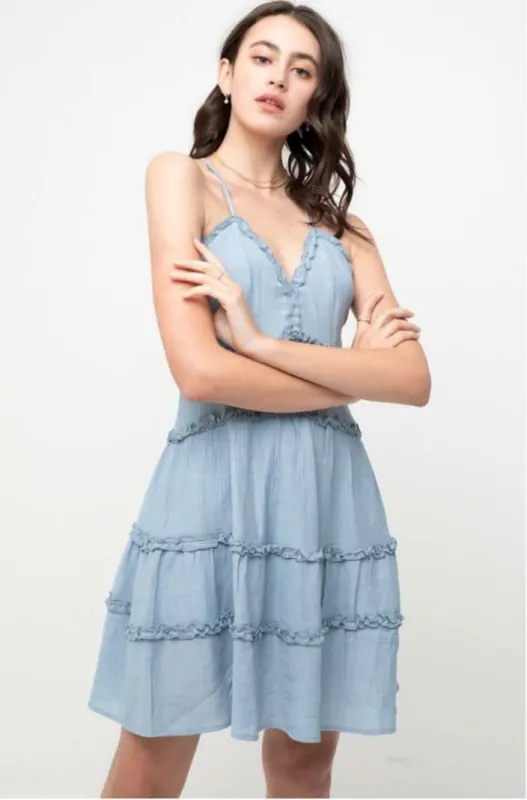 Gina Chambray Blue Ruffle Mini Dress sold by Boho Pink