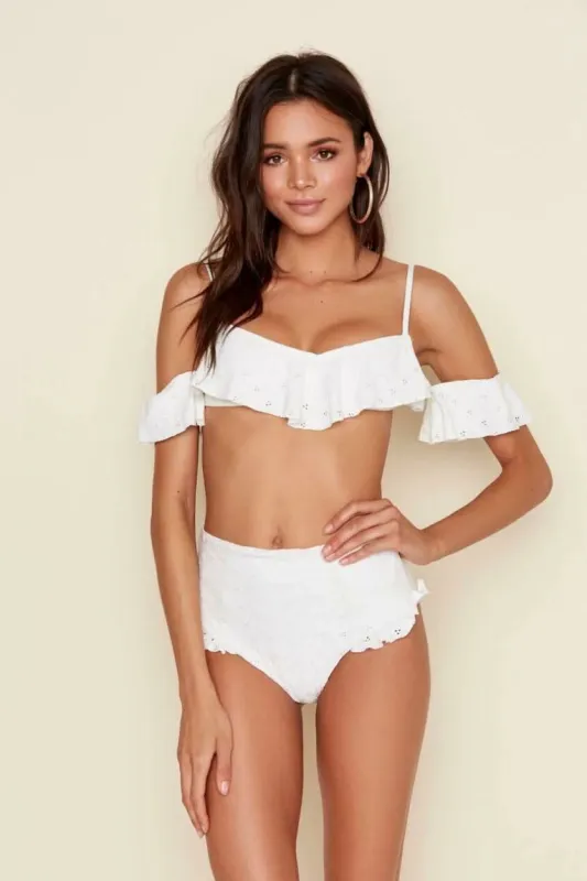 Cabo Ivory Eyelet High Waisted Bikini Bottom made by Dippin Daisy’s