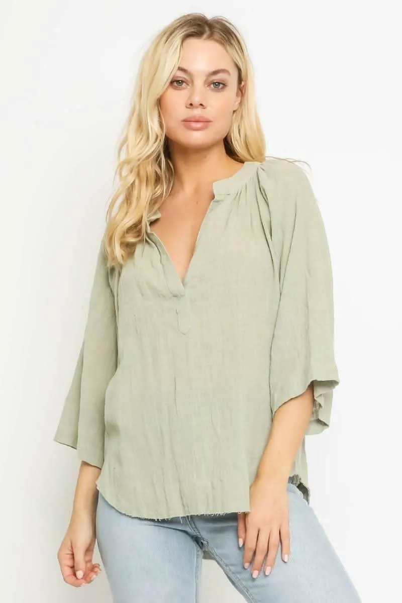 Fiona Sage Green Three-Quarter-Sleeve Top sold by Boho Pink
