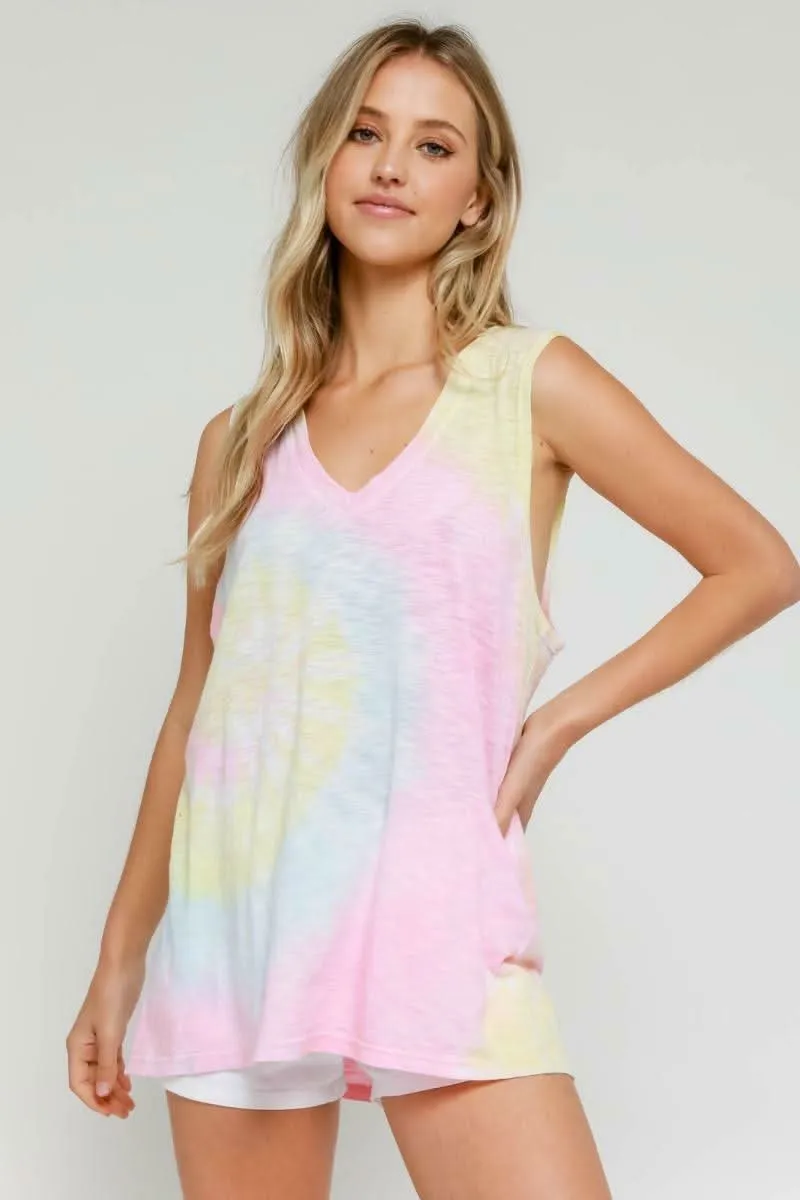 Groovy Vibes Pink and Blue Tie-Dye V-Neck Tank Top sold by Boho Pink