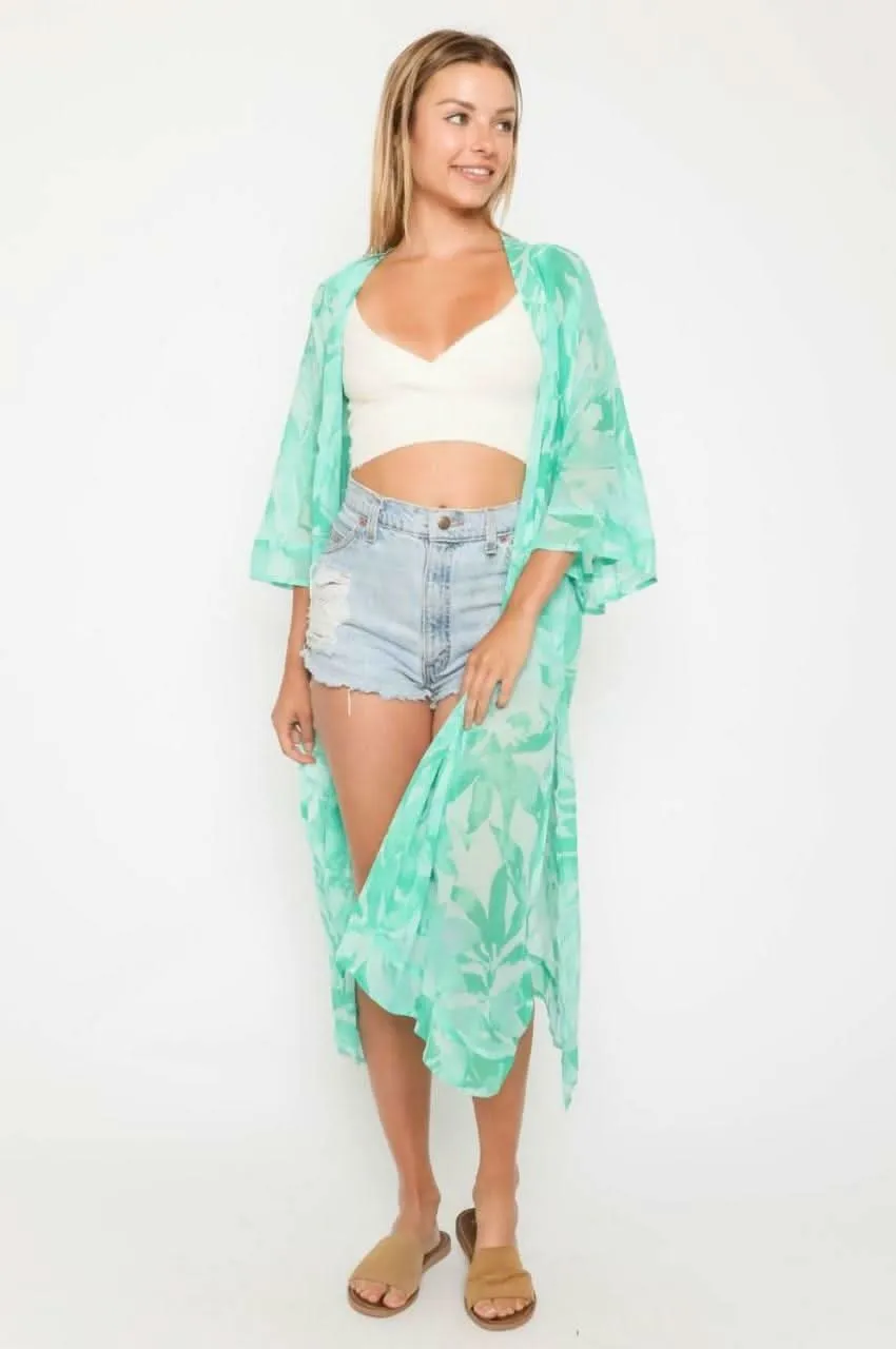 Daydream Mint and Aqua Leaf Print Kimono sold by Boho Pink