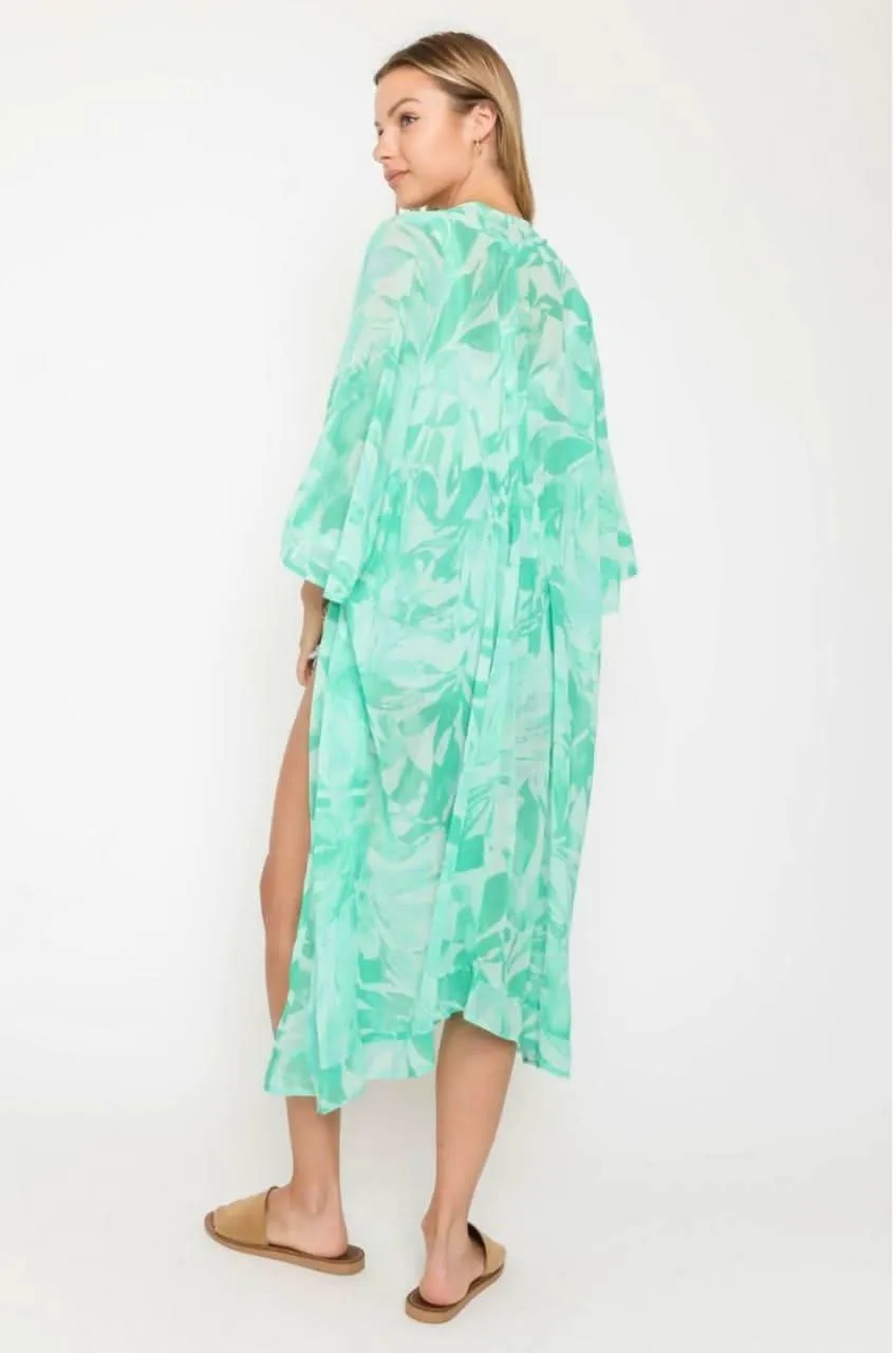 Daydream Mint and Aqua Leaf Print Kimono sold by Boho Pink product image thumbnail 2
