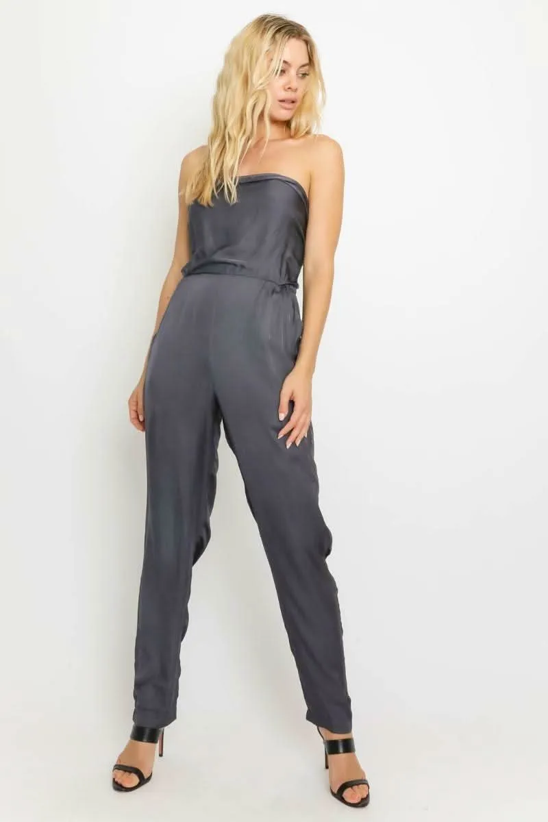 City Nights Charcoal Grey Satin Strapless Jumpsuit sold by Boho Pink product image thumbnail 3
