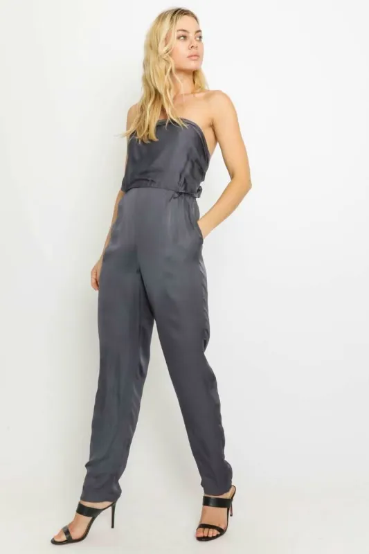 City Nights Charcoal Grey Satin Strapless Jumpsuit sold by Boho Pink