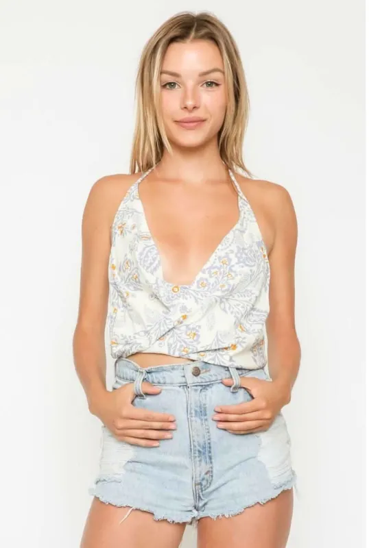 Billie Blue and White Paisley Print Halter Top made by Boho Pink