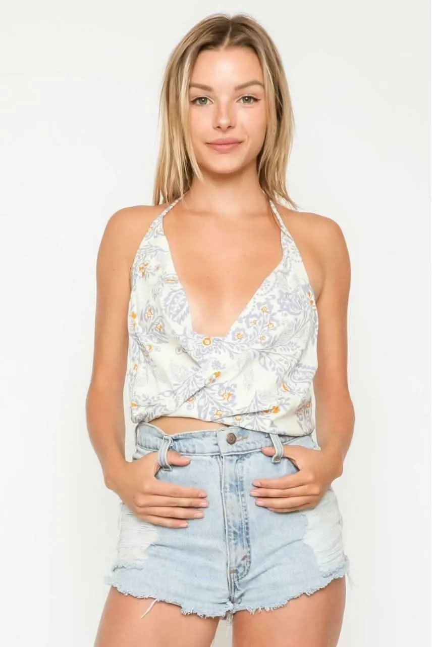 Billie Blue and White Paisley Print Halter Top sold by Boho Pink
